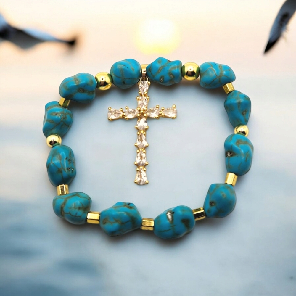 Turquoise Zirconia Stainless steel Cross bracelet